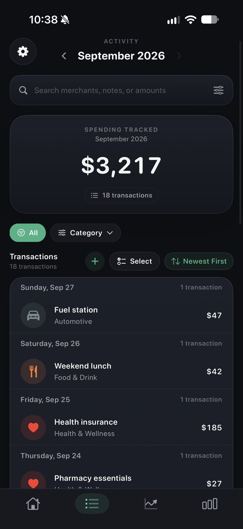 Averlen's Activity screen listing September transactions by day, with $3,217 of spending tracked